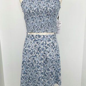 New Japna 2 Piece Set Crop Top & Mini Skirt Size L Blue Floral Summer Sun Dress